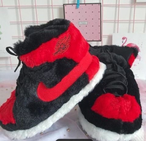Red & Black Jordan fluffy slippers 
